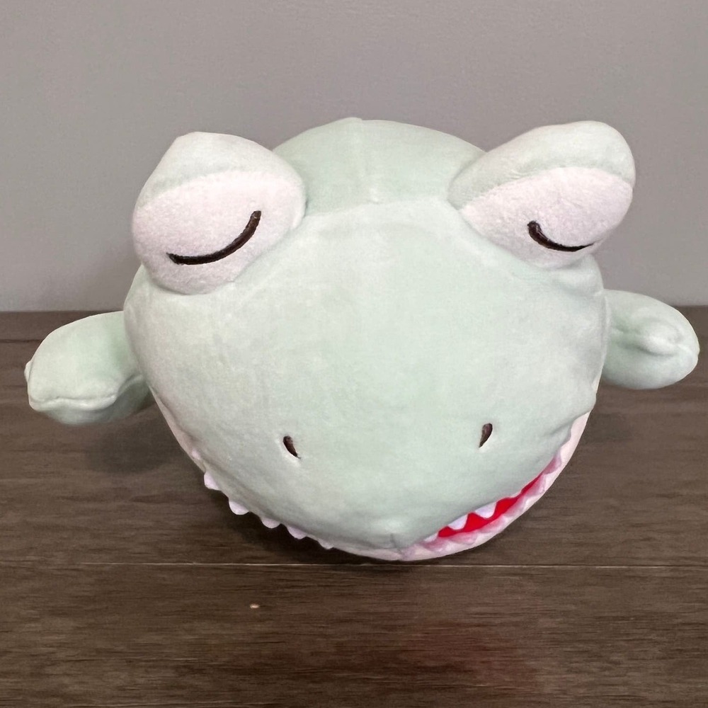 Miniso Mint Green Dinosaur Plush Stuffed Animal Sleepy Eyes Toothy Smile